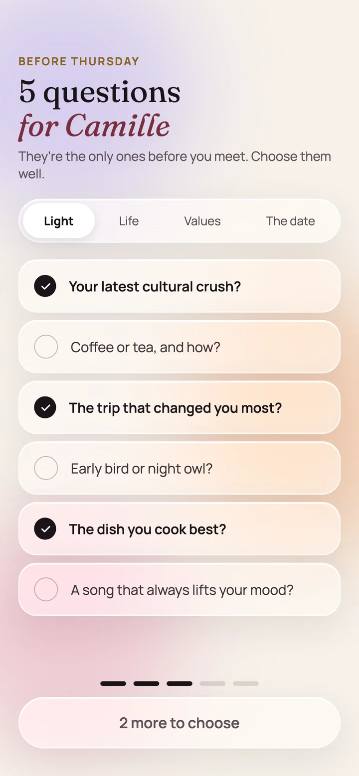 The screen with the five questions asked before the date