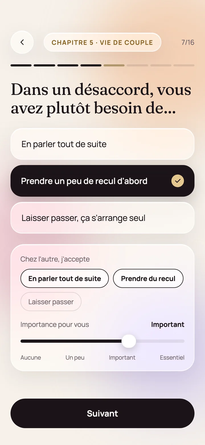 Écran du questionnaire : une question sur la vie de couple, avec les réponses acceptées chez l’autre et leur importance