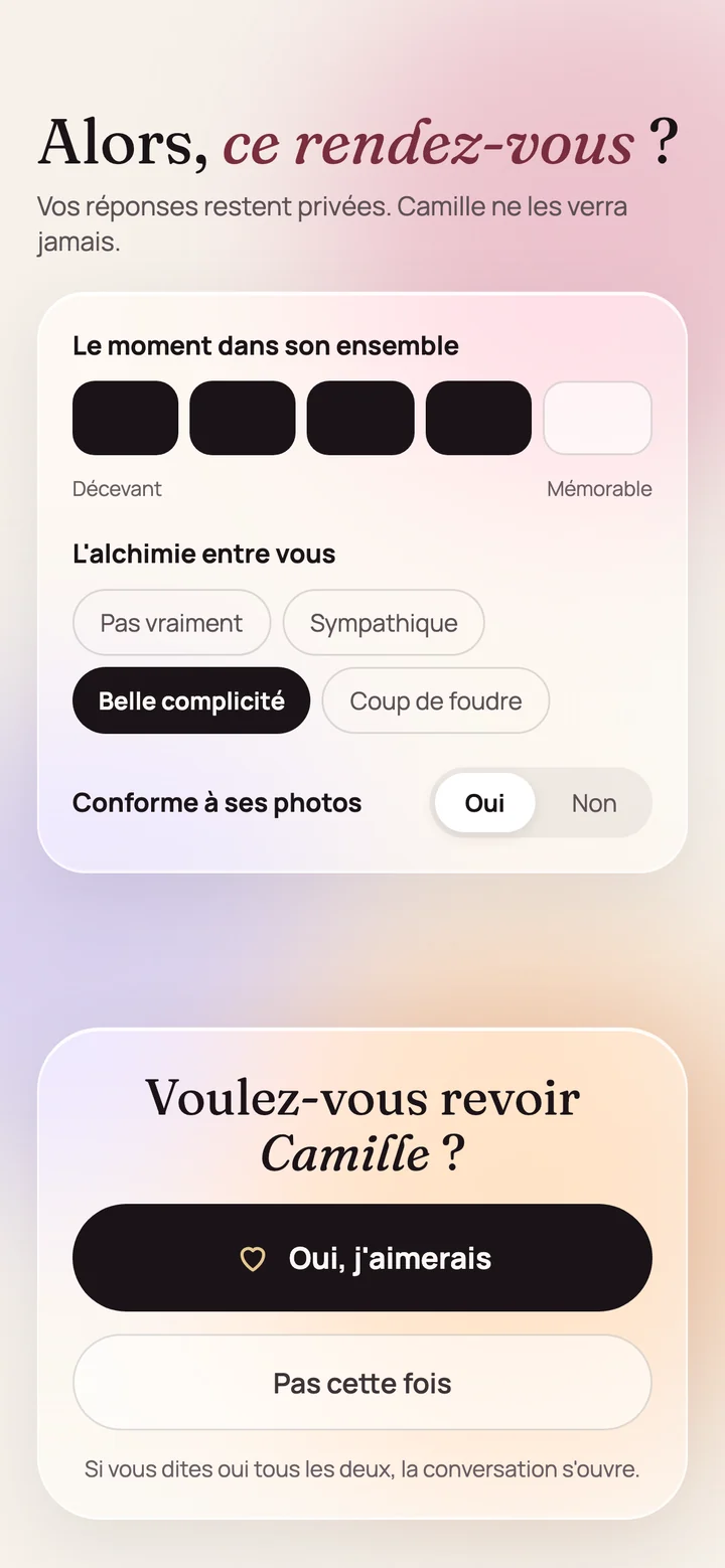 Écran du retour après le rendez-vous : voulez-vous revoir Camille ?
